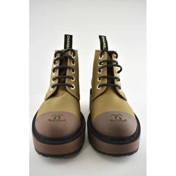 Chanel 20C Light Dark Brown Pearl CC Combat Lace Up Tie Ankle Short Boot 38.5 - Picture 5 of 12